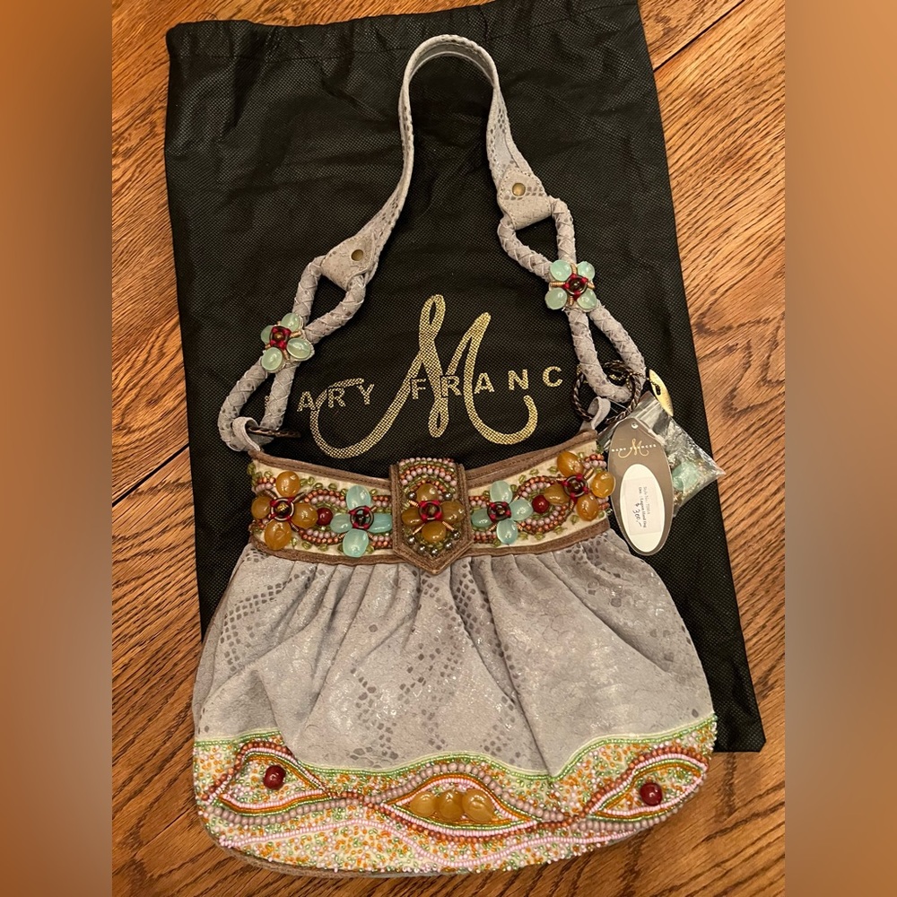 Mary Frances Lagoon Boho Shoulder Bag Grey Patterned, Jewel & Beaded Leather NWT